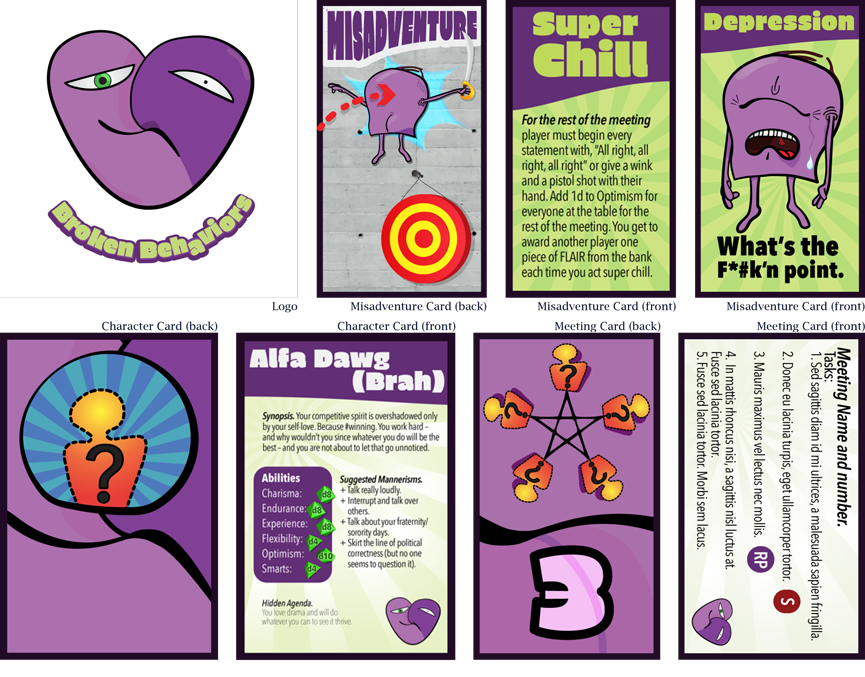 Broken Behaviors logo and example game cards